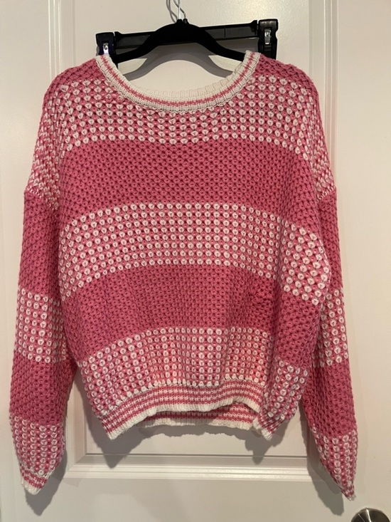 SHEIN Sweaters - SHEIN Pink and White Striped Crochet Crewneck Sweater